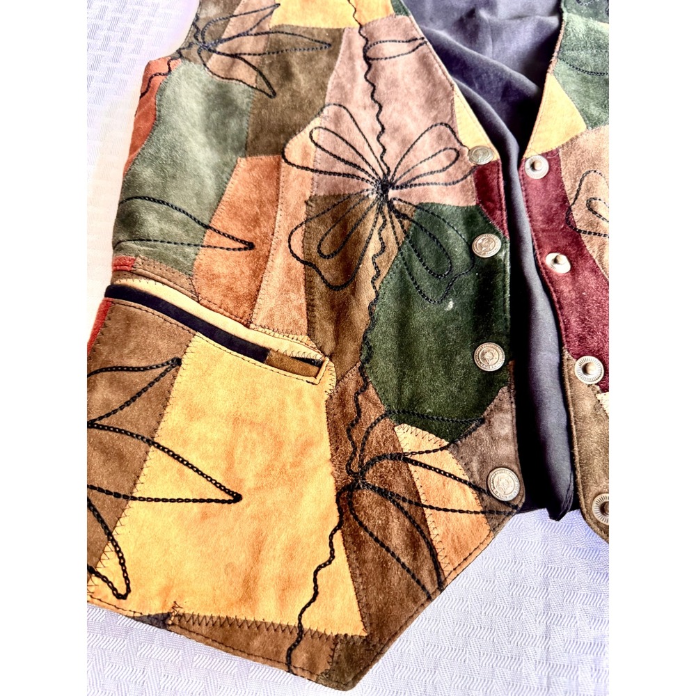 AJNY Vintage Patchwork Leather Boho Vest Med Floral Suede Earth Tone 90s Retro - Picture 9 of 14